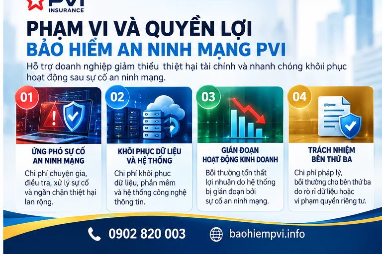 Quyền lợi bảo hiểm an ninh mạng PVI gồm ứng ph&oacute; sự cố, kh&ocirc;i phục dữ liệu, gi&aacute;n đoạn kinh doanh v&agrave; tr&aacute;ch nhiệm b&ecirc;n thứ ba
